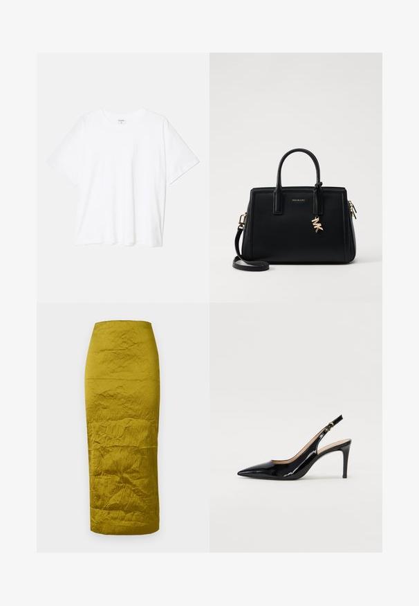 Bela bombažna majica s kratkimi rokavi, okroglim izrezom, sproščenim krojem in šivanim robom. Oznaka vidna na notranji strani izreza.; Olivno zelena svilenka s teksturirano, gubano tkanino. Ravnina in srednje dolga zasnova. Vidne šive ob silhueti.; Črne lakirane slingback čevlje z izostrenim nosom, ozkim peto in subtilnim izrezom. Na traku je zlata sponka.; Črna usnjena torbica s strukturirano zasnovo, dvema zgornjima ročajema, odstranjevanim naramnim trakom, zlatim okovjem in dodatkom z logotipom.