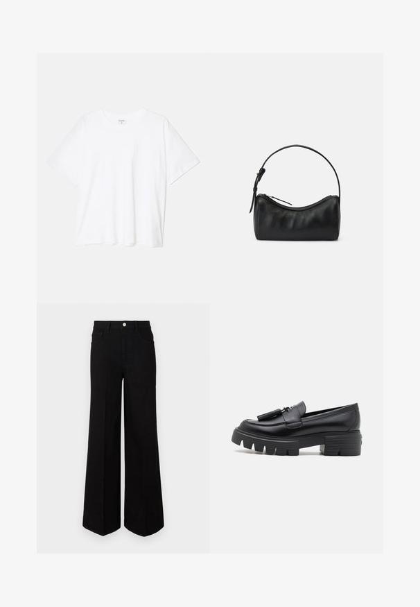Bílý bavlněný tričko s krátkým rukávem, kulatým výstřihem, volným střihem a šitým lemem. Nálepka viditelná na vnitřní straně výstřihu.; Černé široké džíny vyrobené z pevné látky, s vysokým pasem, předními kapsami a zapínáním na knoflík. Rovný lem na spodním okraji.; Stuart Weitzman NOLITA TASSEL LOAFER - Lodičky s platformou - black; Černá kožená taška přes rameno s zakřiveným designem, zipovým uzávěrem a štíhlým popruhem. Má jemnou texturu a subtilní detaily šití.
