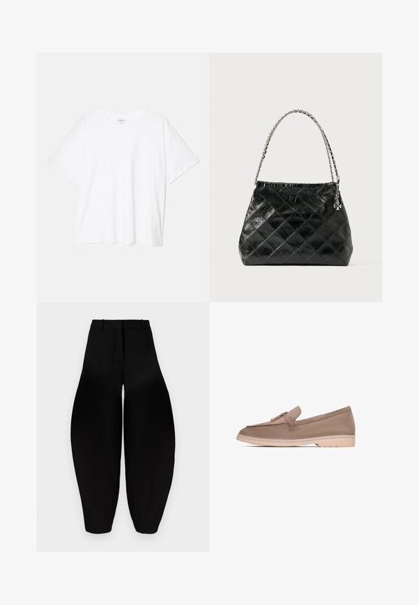 Valkoinen puuvillapaita lyhyillä hihoilla, pyöreällä pääntiellä, rentoa tyyliä ja ommeltu helma. Tunniste näkyvissä sisäkauluksessa.; Mustat leveälahkeiset housut, joissa on korkea vyötärö, pleatattu etuosa ja kapenevat nilkat. Valmistettu sileästä kankaasta, jossa on matta pinta.; Ruskea nahkainen loaferi, jossa on sileä pinta, koristeellinen nauha ja kultaiset yksityiskohdat, lepäämässä vaaleanbeigellä kumipohjalla.; Musta tikattu nahkalaukku, jossa hopeinen ketjuvannettava, rakenteellinen muotoilu ja sileä pinta.
