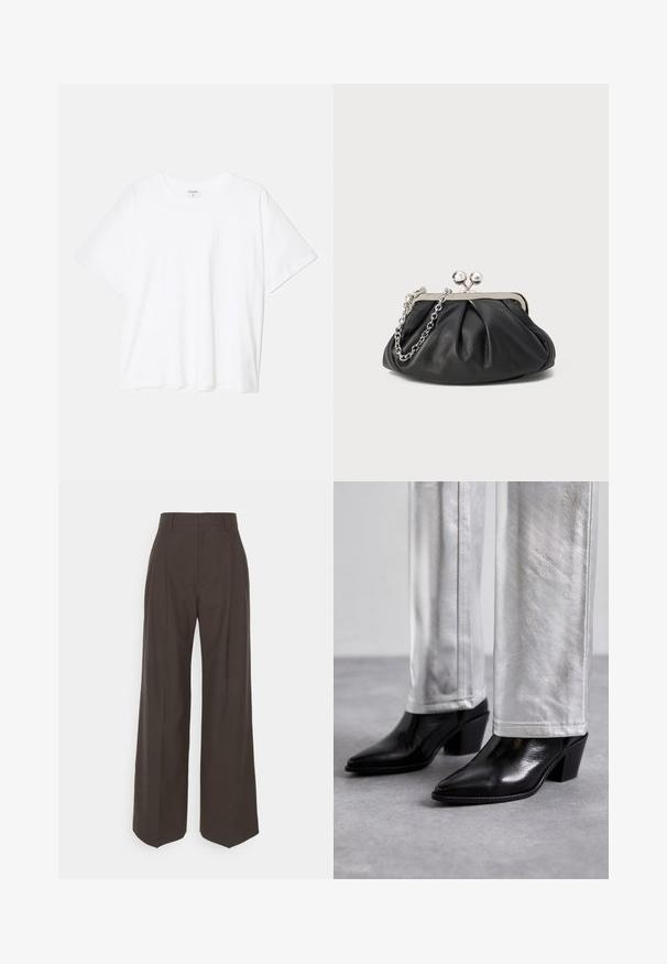 Tricou alb din bumbac, cu mâneci scurte, guler rotund, croi lejer și tiv cusut. Eticheta este vizibilă pe interiorul gulerului.; Pantaloni largi de culoare maro închis, cu talie înaltă, prezentând pliante bine călcate, textură fină și o croială adaptată.; Cizme negre din piele cu guler până la gleznă, având vârf ascuțit și toc bloc, asortate cu pantaloni argintii strălucitori, evidențiind texturi elegante și culori contrastante.; Clutch din piele neagră cu textură plisată, cadru din metal de ton argintiu, închidere tip kiss-lock și curea din lanț. Suprafață netedă și moale.