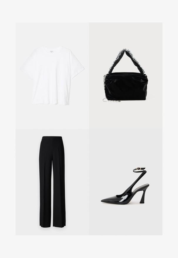 White cotton t-shirt with short sleeves, round neckline, relaxed fit, and stitched hem. Label visible on the inside neck.; Black wide-leg trousers with a smooth texture, featuring a high waistband and center pleats. No visible patterns or hardware details.; Black patent leather slingback high heels with a pointed toe, adjustable ankle strap, and a moderate block heel. Smooth texture with glossy finish.; Black faux leather handbag with a textured finish, featuring a beaded silver accent along the top handle and a chain strap.