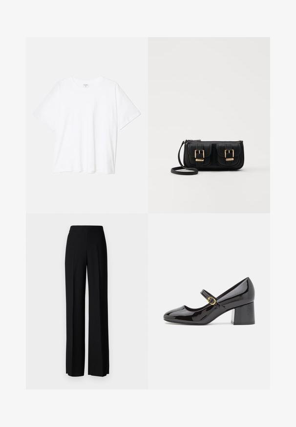 Witte katoenen t-shirt met korte mouwen, ronde halslijn, comfortabele pasvorm en gestikte zoom. Etiket zichtbaar aan de binnenzijde van de hals.; Zwarte wijde broek met een gladde textuur, voorzien van een hoge tailleband en middelste plooien. Geen zichtbare patronen of hardware-details.; Stuart Weitzman STUART - Klassieke pumps - black; Zwarte leren schoudertas met twee vo pockets, gouden gespen, ritsluiting en een smalle band. Tekstuur oppervlak en compacte rechthoekige vorm.