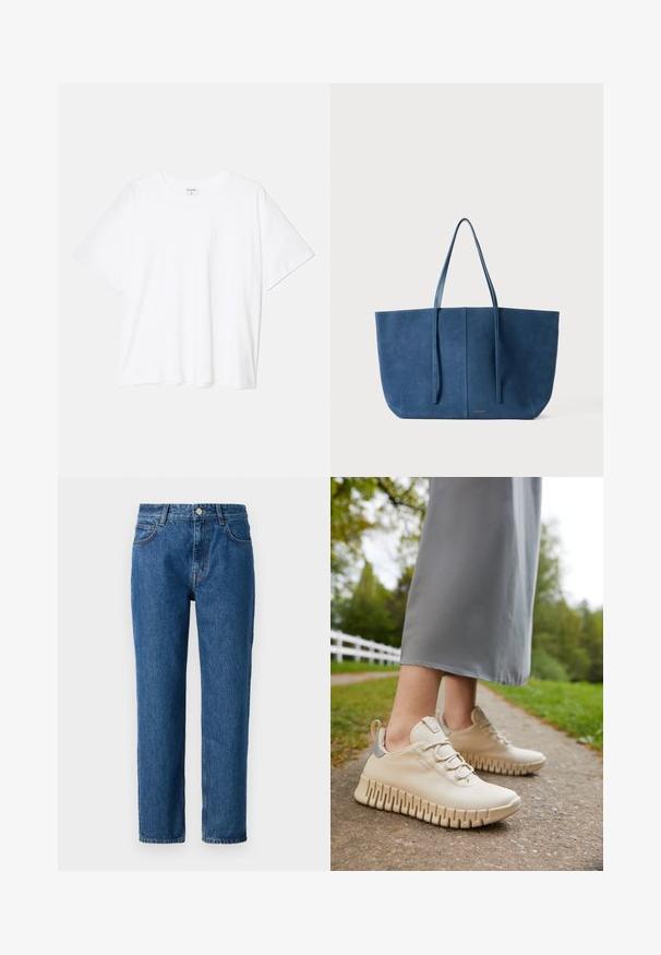 T-shirt bianco in cotone con maniche corte, scollo rotondo, vestibilità comoda e orlo cucito. Etichetta visibile all'interno del colletto.; Jeans in denim blu con taglio dritto, dotati di chiusura a bottone, passanti per cintura e tasche frontali. Realizzati in tessuto di cotone texturizzato.; Sneakers di colore crema con pelle testurizzata, punta arrotondata e suola flessibile a coste. Presentano dettagli grigi e design con lacci.; Borsa tote blu in pelle scamosciata, con due manici lunghi, forma rettangolare, texture liscia, design minimalista, caratterizzata da un sottile logo sul davanti.