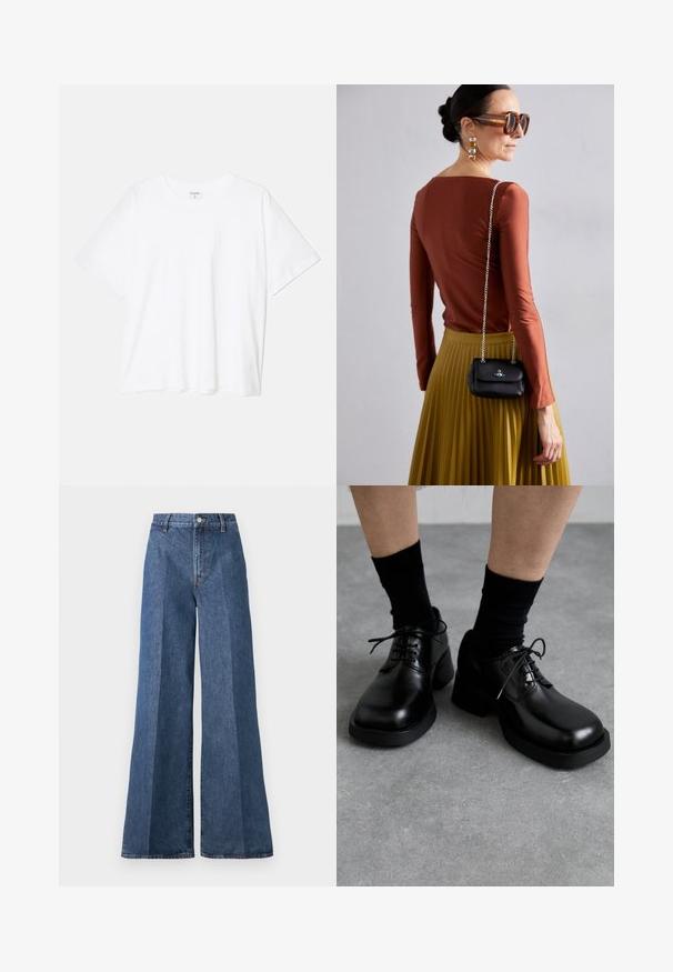 Balta kokvilnas T-krekls ar īsām piedurknēm, apaļu dekoltē, brīva piegriezuma un šūtu apakšmalu. Etiķete redzama iekšējā kakla daļā.; Platām kājām zili denim džinsi ar augstu jostasvietu, ar klasisko piecu kabatu dizainu un pogu aizdari, izgatavoti no teksturēta kokvilnas auduma.; MIISTA ALTHEA BROGUES - Šņorkurpes - black; Vivienne Westwood SMALL PURSE CHAIN - Plecu soma - black