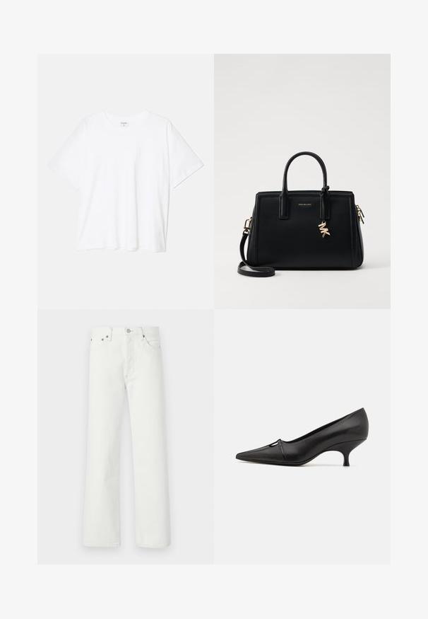 Bílý bavlněný tričko s krátkým rukávem, kulatým výstřihem, volným střihem a šitým lemem. Nálepka viditelná na vnitřní straně výstřihu.; Bílé džíny z denimu s rovnými nohavicemi, designem se pěti kapsami a kovovými akcenty na pase a kapsách.; GIABORGHINI DANA - Klasické lodičky - black; Černá kožená kabelka se strukturovaným designem, dvojitými horními uchy, odnímatelným ramenním popruhem, zlatými doplňky a akcentem ve formě logového charm.