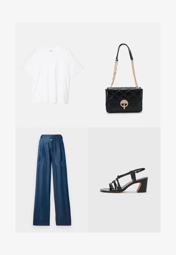 Fehér pamut póló rövid ujjal, kerek nyakkivágással, laza fazonnal és varrott szegéllyel. Címke látható a belső nyakrészén.; Sötétkék, bő szárú farmernadrág, két elülső zsebbel, gombos záródással és kontrasztos narancssárga varrási részletekkel.; Paul Smith AMIRA - Klasszikus sarkú cipők - black; Fekete steppelt bőr kézitáska arany lánc pánttal, kerek zár részlettel. Kompakt, téglalap alakú, sima felülettel.
