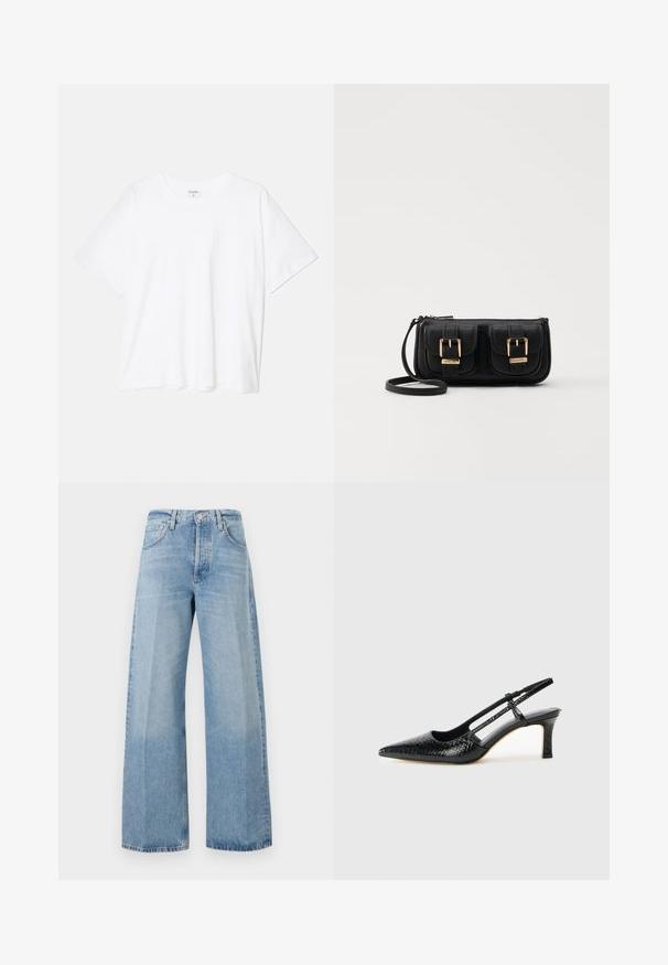 T-shirt de algodão branco com mangas curtas, decote redondo, corte descontraído e bainha cosida. Etiqueta visível no interior do pescoço.; Jeans de ganga de perna larga azul clara, com cintura alta, bolsos frontais e uma textura ligeiramente desbotada com bainhas desfiadas.; Salto slingback em patente preta com bico apontado, apresentando um padrão de pele de cobra texturizado, tira ajustável e um salto bloco curto e texturizado.; Bolsa de ombro em couro preto com dois bolsos frontais, fivelas douradas, fecho de zíper e uma alça fina. Superfície texturizada e forma retangular compacta.