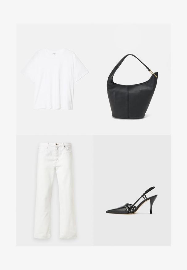 Balta kokvilnas T-krekls ar īsām piedurknēm, apaļu dekoltē, brīva piegriezuma un šūtu apakšmalu. Etiķete redzama iekšējā kakla daļā.; Baltā denima bikses ar taisnu kāju dizainu, ar pogu aizdari un piecu kabatu stilu. Gluda tekstūra un minimāls dizains.; Melna ādas augstpapēžu sandalē ar norādītu pirkstu, krustenisku siksnu dizainu un tievu stiletto papēdi. Gluda tekstūra un minimāli akcenti.; Melnas ādas rokassomi ar noapaļotu formu, platu siksnu un strukturētu apdari. Iezīmējas ar nelielām šuvju detaļām un zelta tonī izstrādātu aparatūru.
