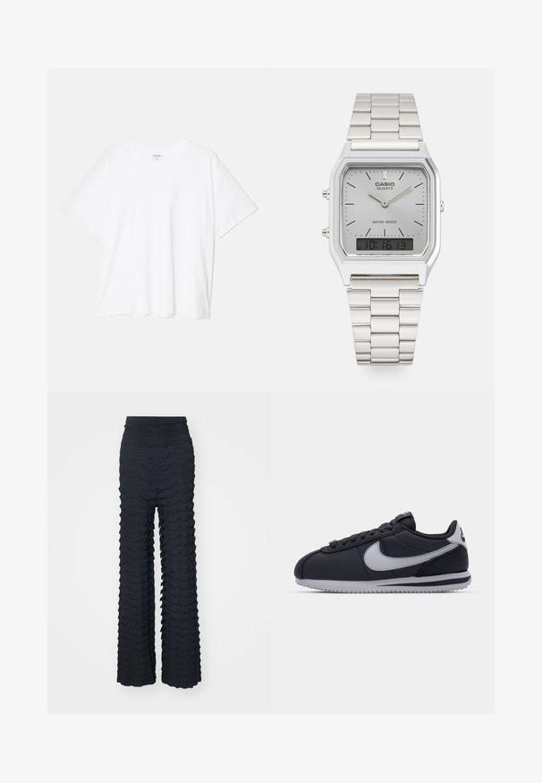 Bela bombažna majica s kratkimi rokavi, okroglim izrezom, sproščenim krojem in šivanim robom. Oznaka vidna na notranji strani izreza.; Široke hlače v temno sivi tkanini z valovitimi teksturami, visokim pasom in gladkim zaključkom ter strukturirano obliko.; Črne atletske čevlje z sivimi detajli, gladek sintetični zgornji del, teksturiran podplat, zaobljen nos in ravna vezalka. Klasičen dizajn z logotipom.; Srebrna Casio quartz ura s pravokotno/png-iskonsko obliko, analogno in digitalno prikazovanje, jekleni pas in vodoodporne funkcije.