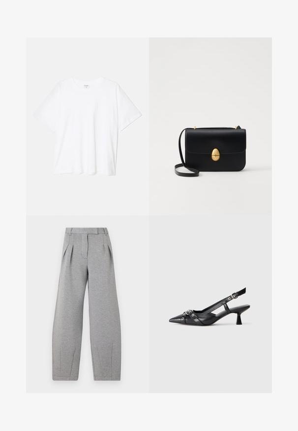 Balta medvilnės marškinėliai trumpomis rankovėmis, apvalia iškirpte, laisvo kirpimo ir su siūtu kraštu. Etiketė matoma vidinėje iškirptės pusėje.; Pilki, plačiakoti kelnių pagaminti iš švelnios medžiagos, su klostėmis priekyje, lygiu liemeniu ir tiesiomis siūlėmis palei kojas.; Juodas odinis slingback tipo batai su smailiu priekiniu atvartu, dekoratyvinėmis sagtimis su metaliniais akyčiais ir žemu blokiniu kulnu. Saldus paviršius.; Juodas odinis rankinukas su struktūrine stačiakampio forma. Yra auksinė ovali sagtis ir plona petneša. Glotni tekstūra.