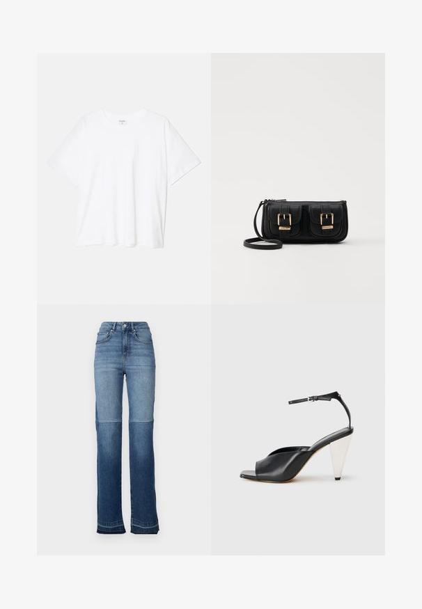 Biely bavlnený tričko s krátkymi rukávmi, okrúhlym výstrihom, voľným strihom a prešitým lemom. Štítok viditeľný na vnútornom krku.; Džínsy s vysokým pásom v gradientnej farebnej kombinácii svetlo modrej a tmavo modrej, so strihom rovného noha a roztrhnutými lemami na koncoch.; Čierne kožené sandále na vysokých podpätkoch s otvorenou špičkou, asymetrickým dizajnom, remienkom okolo členka a kovovým kužeľovitým podpätkom. Hladká textura po celom povrchu.; Čierna kožená crossbody taška s dvoma prednými vreckami, zlatými sponami, zipsovým uzatváraním a úzkym popruhom. Štruktúrovaný povrch a kompaktný obdĺžnikový tvar.