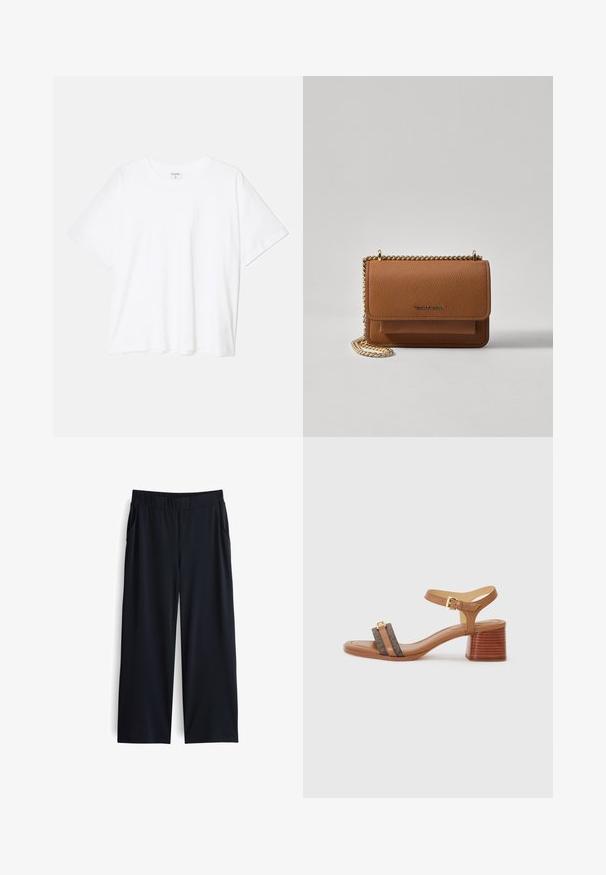 Weißes Baumwoll-T-Shirt mit kurzen Ärmeln, runder Halslinie, lockerer Passform und genähtem Saum. Etikett sichtbar am inneren Kragen.; Schwarze weite Hosen aus glattem, leichtem Stoff. Mit einem elastischen Bund und seitlichen Taschen. Für eine lässige Passform maßgeschneidert.; Tanfarbene Sandale mit quadratischer Zehenpartie, zwei dunkelbraunen Riemen und einer goldenen Schnalle. Verfügt über einen gestapelten Blockabsatz und eine glatte Lederoberfläche.; Braune strukturierte Ledertasche mit goldener Kettenriemen und Klappenverschluss. Die Vorderseite zeigt ein Logo-Detail und eine Tasche unter der Klappe.