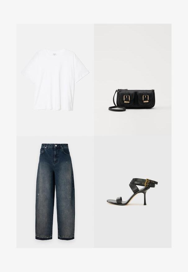 Tricou alb din bumbac, cu mâneci scurte, guler rotund, croi lejer și tiv cusut. Eticheta este vizibilă pe interiorul gulerului.; Jeans din denim închise la culoare, cu picioare largi și talie înaltă, cinci buzunare, cusături vizibile și ușoare uzuri pe față. Închidere clasică cu buton și fermoar.; Sandalie negre cu toc, cu curele încrucișate și cataramă ajustabilă. Prezintă o textură netedă și un toc stiletto conic.; Geantă neagră din piele, tip crossbody, cu două buzunare frontale, catarame aurii, închidere cu fermoar și o curea subțire. Suprafață texturată și formă rectangulară compactă.