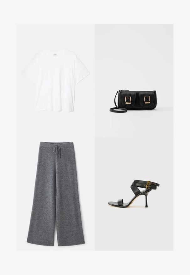 White cotton t-shirt with short sleeves, round neckline, relaxed fit, and stitched hem. Label visible on the inside neck.; Wide-leg, gray pants made of soft knit fabric with a drawstring waistband, showcasing a textured surface and clean edges.; Black heeled sandal with crossed straps and adjustable buckle. Features a smooth texture and tapered stiletto heel.; Black leather crossbody bag with two front pockets, gold buckles, zipper closure, and a slim strap. Textured surface and compact rectangular shape.