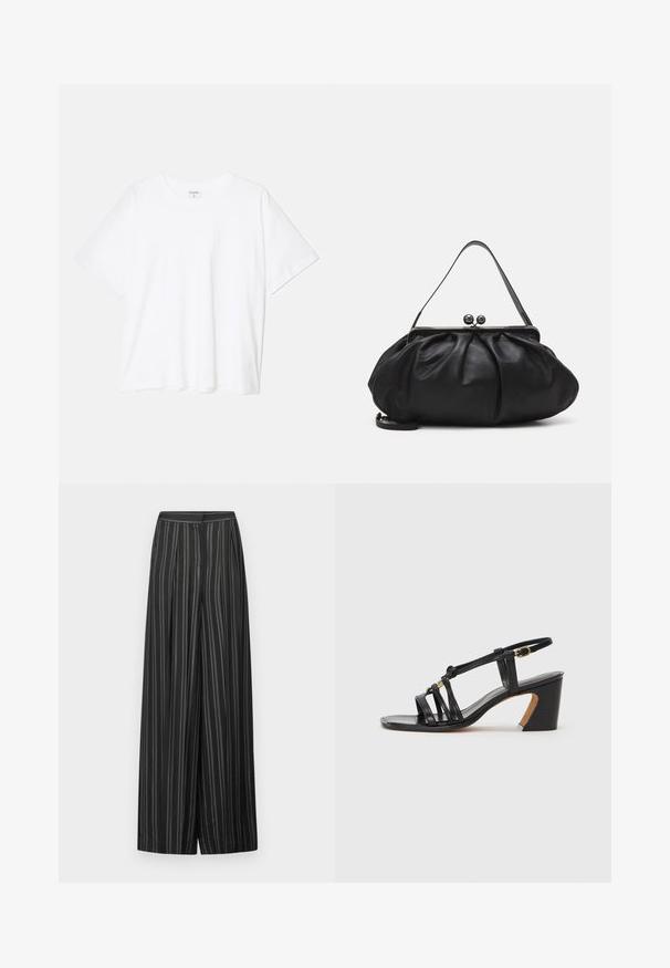 Biely bavlnený tričko s krátkymi rukávmi, okrúhlym výstrihom, voľným strihom a prešitým lemom. Štítok viditeľný na vnútornom krku.; Čierne široké nohavice so vertikálnymi sivými pruhmi, majú vysoký pás a plochý predný diel, sú vyrobené z hladkej tkaniny s jemnou textúrou.; Paul Smith AMIRA - Klasické lodičky na opätku - black; Čierna kožená kabelka s zaobleným, nariadeným dizajnom. Disponuje kovovým zapínaním s dvoma dekoračnými guľôčkami a tenkým, odnímateľným popruhom.