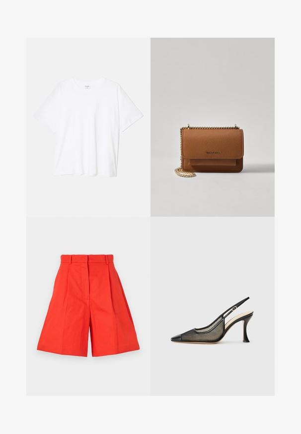 White cotton t-shirt with short sleeves, round neckline, relaxed fit, and stitched hem. Label visible on the inside neck.; Red cotton shorts with a high waist, featuring pleats and a wide-cut silhouette. Smooth texture and clean lines. No pockets or embellishments.; Black slingback high-heeled shoe featuring a pointed toe, mesh detailing, and a smooth leather cap. Colors include black and beige accents.; Brown textured leather crossbody bag with gold chain strap and flap closure. Front features logo detail and a pocket under the flap.