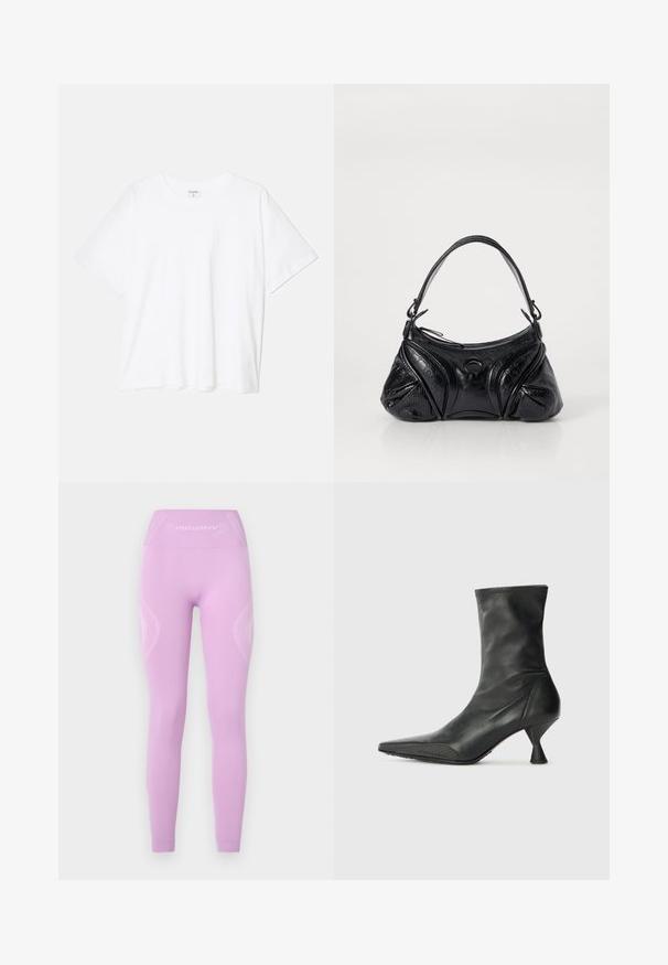Witte katoenen t-shirt met korte mouwen, ronde halslijn, comfortabele pasvorm en gestikte zoom. Etiket zichtbaar aan de binnenzijde van de hals.; Lichtpaarse leggings met een hoge tailleband, getextureerde zijpanelen en subtiele logo-detail op de voorkant, gemaakt van rekbare stof.; Zwarte leren enkelboot met een puntige neus, textuur op de neuskap en een slanke, kegelvormige hak. Gladde oppervlakte met subtiele stikdetails.; Zwarte handtas van gestructureerd leer met een afgeronde vorm. Beschikt over een dunne schouderband en decoratieve reliëfpatronen.