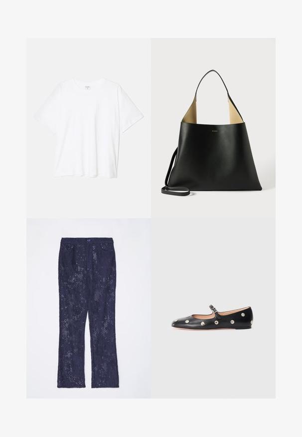 Vit bomull t-shirt med kort ärm, rund halsringning, avslappnad passform och söm i nederkant. Etikett synlig på insidan av halsen.; Marinblå spetsbyxor med utsvängd design, som har ett midjeband, två framfickor och en knappstängning. Mönstrad med intrikata spetsdetaljer.; Svart läder Mary Jane lägenhetssko med rund tå, prydd med silverfärgade cirkulära nitar och ett justerbart band med spänne.; Svart läder tote väska med en rymlig, vinklad design. Har en kontrasterande tan interiör och en tunn axelrem. Minimalistisk märkning syns.