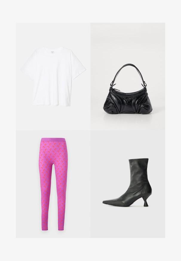Fehér pamut póló rövid ujjal, kerek nyakkivágással, laza fazonnal és varrott szegéllyel. Címke látható a belső nyakrészén.; MARINE SERRE MOON - Leggingek - Nadrágok - violet; Fekete bőr bokacsizma hegyes orral, texturált orrborítással és karcsú, kúp alakú sarokkal. Simára kidolgozott felület, diszkrét varrás részletekkel.; Fekete, textúrált bőrből készült kézitáska, kerekded formával. Vékony vállpánttal és díszes embosszas mintákkal rendelkezik.