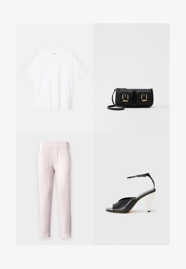 Hvid bomulds-t-shirt med korte ærmer, rund halsudskæring, afslappet pasform og stitched søm. Mærket er synligt indeni halsen.; Lyserøde sweatpants lavet af blødt materiale, med elastisk talje, sidelommer og ribbede manchetter ved anklerne.; Sort læder højhælede sandaler med åben tå, asymmetrisk design, ankelrem og en metallisk kegleformet hæl. Glat tekstur hele vejen igennem.; Sort læder crossbody taske med to frontlommer, guldspænder, lynlåslukning og en slank rem. Struktureret overflade og kompakt rektangulær form.