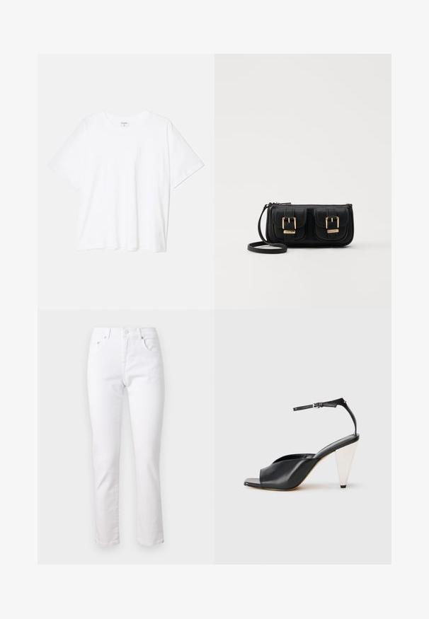 Hvit bomulls t-skjorte med korte ermer, rund hals, avslappet passform og sydd kant. Merke synlig på innsiden av halsen.; Hvite denimjeans med rette ben, fem lommer og metallknapplukking, som har en glatt tekstur og minimal søm.; Svart lær høyhælte sandaler med åpen tå, asymmetrisk design, ankelstropp og en metallisk kjegleformet hæl. Glatt tekstur hele veien.; Svart skinn crossbody veske med to frontlommer, gyldne spenner, glidelåslukking og en slank stropp. Teksturert overflate og kompakt rektangulær form.