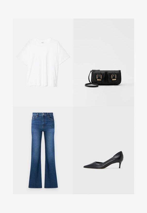 T-shirt en coton blanc avec des manches courtes, un col rond, une coupe décontractée et un ourlet cousu. Étiquette visible à l'intérieur du col.; Jean en denim bleu taille haute avec fermeture à boutons, poches avant, et jambes larges légèrement évasées sur fond blanc.; Escarpin en cuir noir avec un bout pointu et un talon bas. Présente une texture lisse et un éclat subtil. Découpe ouverte à l'avant pour un détail supplémentaire.; Sac en cuir noir porté en travers avec deux poches avant, boucles dorées, fermeture zippée et une sangle fine. Surface texturée et forme rectangulaire compacte.