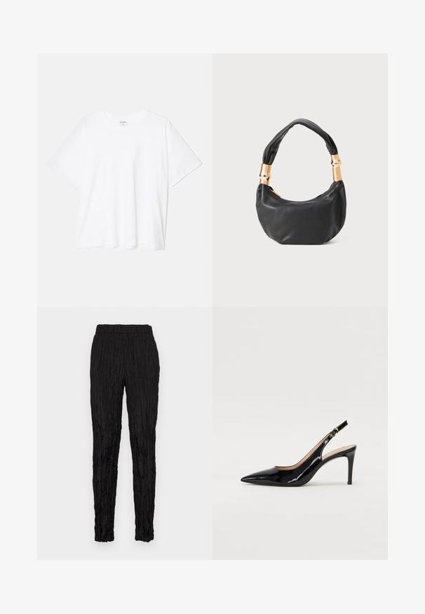 Balta medvilnės marškinėliai trumpomis rankovėmis, apvalia iškirpte, laisvo kirpimo ir su siūtu kraštu. Etiketė matoma vidinėje iškirptės pusėje.; Juodi kelnių su raukšlėta tekstūra, elastinga juosmena ir siaurėjantis kirpimas. Be matomų kišenių ar išskirtinių akcentų.; Juodas lakinės odos slingback batelis su smailiu nosiu, plonu kulnu ir subtiliu išpjovos dizainu. Yra auksinė sagtis ant dirželio.; Juodas odinis rankinukas apvalios formos, minkštos tekstūros su susietu rankena ir auksinės spalvos detalėmis. Užtrauktuko uždarymas.