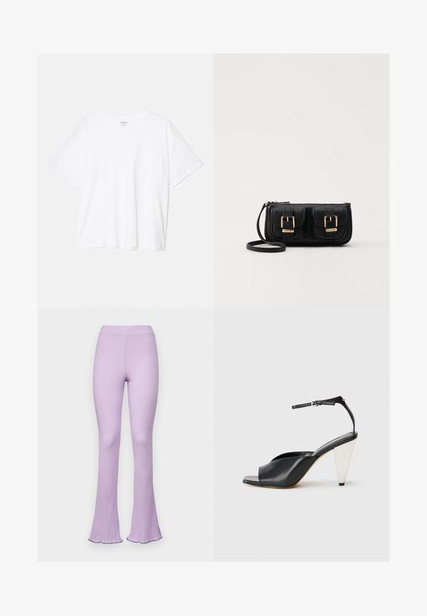 Fehér pamut póló rövid ujjal, kerek nyakkivágással, laza fazonnal és varrott szegéllyel. Címke látható a belső nyakrészén.; Világoslila bordázott, harangszárú nadrág rugalmas derékkal és fodros szegéllyel. Puha tapintású, testhezálló sziluett és laza kialakítás.; Fekete bőr magassarkú szandál nyitott orral, aszimmetrikus dizájnnal, bokapánttal és fémes kúpos sarokkal. Az anyag sima textúrájú.; Fekete bőr keresztbody táska két elülső zsebbel, arany csattokkal, cipzáras záródással és vékony pánttal. Textúrált felület és kompakt téglalap alak.