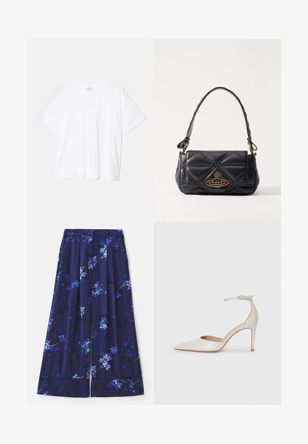 Balta kokvilnas T-krekls ar īsām piedurknēm, apaļu dekoltē, brīva piegriezuma un šūtu apakšmalu. Etiķete redzama iekšējā kakla daļā.; Tumši zila svārku ar ziedu rakstu, kurā redzami zili un baltie ziedi. Audums ir gluds ar krokām un plašu malumu.; Baltas ādas augstpapēžu kurpes ar smailu purngala daļu, potītes siksniņu un šauru stiletto papēdi. Gluda tekstūra ar smalku spīdumu.; Melnā quiltota ādas rokassomiņa ar zelta logotipa akcentu. Aprīkota ar īsu rokturi un strukturētu, taisnstūra formu. Rūpīgi izstrādāta virsma.