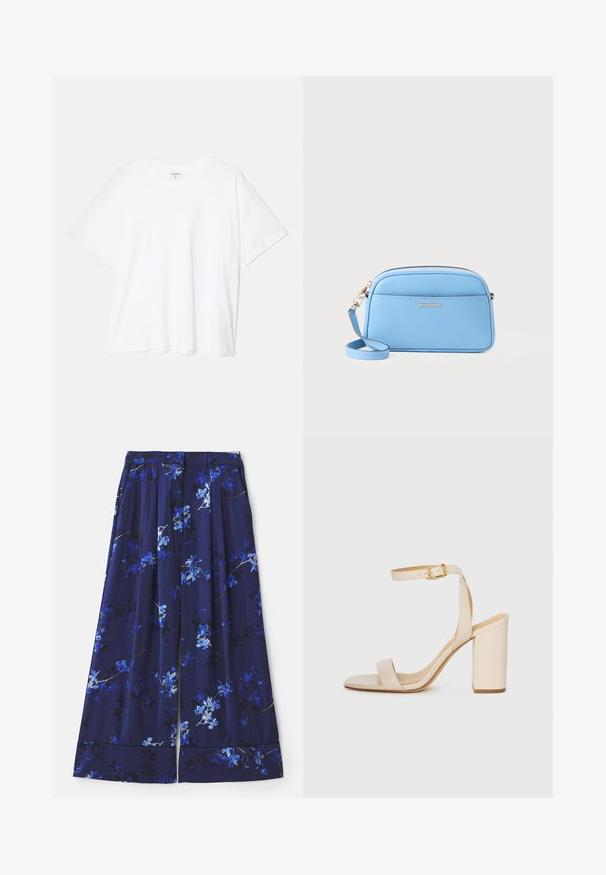 Balta medvilnės marškinėliai trumpomis rankovėmis, apvalia iškirpte, laisvo kirpimo ir su siūtu kraštu. Etiketė matoma vidinėje iškirptės pusėje.; Tamsiai mėlyna sijonas su gėlių raštu, kuriame yra mėlynų ir baltų gėlių. Audinys yra lygus, su šonais ir plačiu apvadu.; Bežinės aukštakulnės šlepetės su kvadratiniu носu, plona kulkšnies juosta ir blokiniu kulnu. Lygus odos tekstūra su aukso sagte.; Šviesiai mėlyna odinė per Petį nešama rankinė su auksinės spalvos detalėmis, užtrauktuko uždarymu ir priekinėmis kišenėmis. Yra reguliuojama dirželis patogumui.