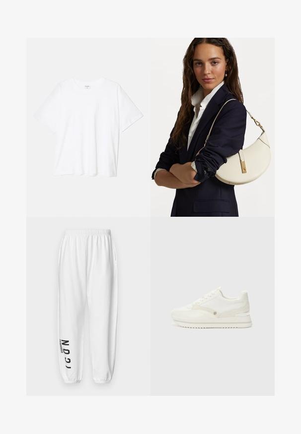 Weißes Baumwoll-T-Shirt mit kurzen Ärmeln, runder Halslinie, lockerer Passform und genähtem Saum. Etikett sichtbar am inneren Kragen.; DSQUARED2 ICON ICON - Jogginghose - white; Weiße Sneakers aus einer Kombination aus glatten und strukturierten Materialien, mit einem dezenten Logo, Schnürdesign und gezackter Sohle.; Weißes Lederhandtasche mit geschwungener Form, goldenen Beschlägen und strukturiertem Finish, getragen über einem dunklen Blazer und einem weißen Hemd.