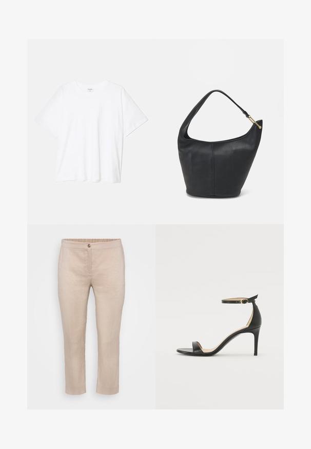Λευκό βαμβακερό μπλουζάκι με κοντά μανίκια, στρογγυλή λαιμόκοψή, χαλαρή εφαρμογή και ραμμένο στρίφωμα. Ετικέτα ορατή στο εσωτερικό του λαιμού.; Μπεζ λινές κοντές παντελόνες με ίσιο μπροστινό μέρος, κλείσιμο με κουμπί και ελαστική μέση. Ομαλή υφή με ελάχιστες ραφές και χωρίς τσέπες.; Μαύρη δερμάτινη σαμπό με ψηλό τακούνι και λουράκι στον αστράγαλο. Διαθέτει λεία υφή, ανοιχτό μπροστινό μέρος και λεπτό τακούνι. Λεπτομέρεια από χρυσό τόνο στη πόρπη.; Μαύρη δερμάτινη τσάντα χεριού με στρογγυλό σχήμα, φαρδύ λουρί και υφή. Διαθέτει λεπτομέρεια από διακριτή ραφή και αξεσουάρ σε χρυσό τόνο.