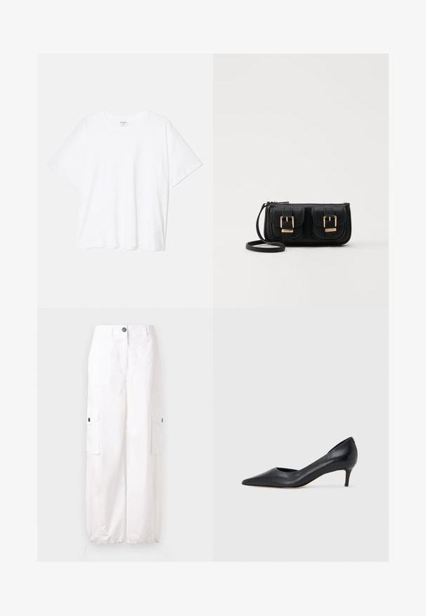 White cotton t-shirt with short sleeves, round neckline, relaxed fit, and stitched hem. Label visible on the inside neck.; White cargo pants made of cotton with two front pockets, two side pockets, and elastic cuffs at the ankles. Features a button closure.; Black leather pump with a pointed toe and low heel. Features a smooth texture and subtle sheen. Open cut at the front for added detail.; Black leather crossbody bag with two front pockets, gold buckles, zipper closure, and a slim strap. Textured surface and compact rectangular shape.