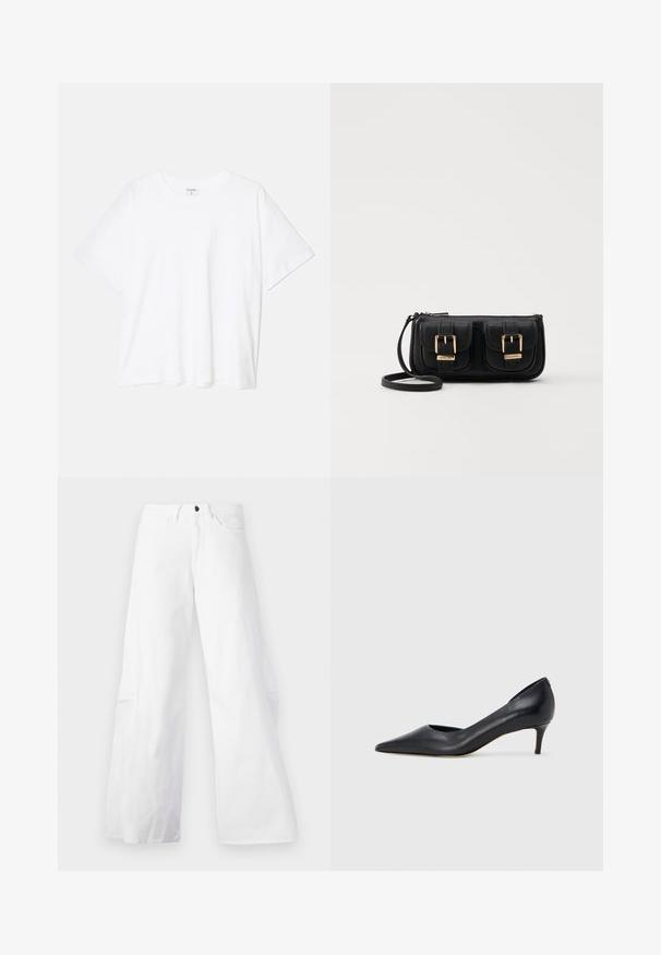 Witte katoenen t-shirt met korte mouwen, ronde halslijn, comfortabele pasvorm en gestikte zoom. Etiket zichtbaar aan de binnenzijde van de hals.; Witte wijde denim broek met een vijf-pocket ontwerp. Heeft een zwarte knop en ritssluiting. Glad textuur, rechte snit.; Zwarte leren pump met een puntige neus en lage hak. Heeft een gladde textuur en een subtiele glans. Open uitsparing aan de voorkant voor extra detail.; Zwarte leren schoudertas met twee vo pockets, gouden gespen, ritsluiting en een smalle band. Tekstuur oppervlak en compacte rechthoekige vorm.