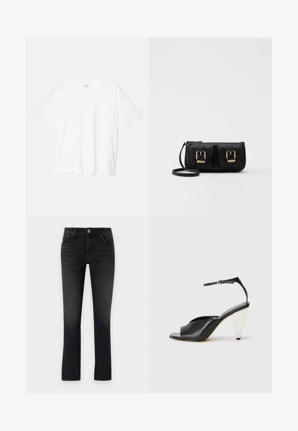 Valge puuvillane T-särk lühikeste varrukatega, ümmargune kaelus, mugav lõige ja õmmeldud serv. Silt nähtav kaela seest.; rag & bone DRE LOW RISE BOYFRIEND - Liibuvad teksad - cornelia; Must mustril kõrge kontsaga sandaalid avatud varbaga, asümmeetrilise disainiga, pahkluukeevikuga ja metallilise koonusja kontsaga. Ühtlane tekstuur üle kogu.; Must küllastamata nahast õlakott, millel on kaks esist nähtavat taskut, kuldsed pandlad, tõmblukuga sulgemine ja peen rihm. Tekstuuriga pind ja kompaktne ristkülikukujuline kuju.