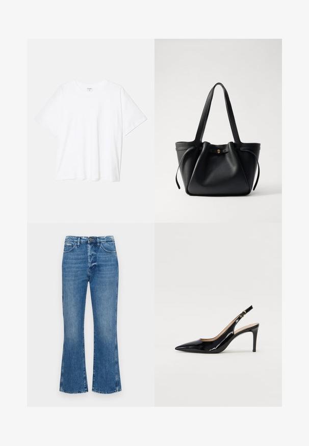 T-shirt de algodão branco com mangas curtas, decote redondo, corte descontraído e bainha cosida. Etiqueta visível no interior do pescoço.; Jeans azuis com boca de sino, feitos de denim, apresentando uma cintura de altura média, fecho com zip e costura em contraste, com um tom claro e desvanecimento subtil.; Sandal com salto em verniz preto, bico fino, salto esguio e um design de recorte subtil. Apresenta uma fivela dourada na alça.; Bolsa tote preta em couro com duas alças longas, parte superior ajustável e um detalhe circular dourado. Textura suave com um design minimalista.