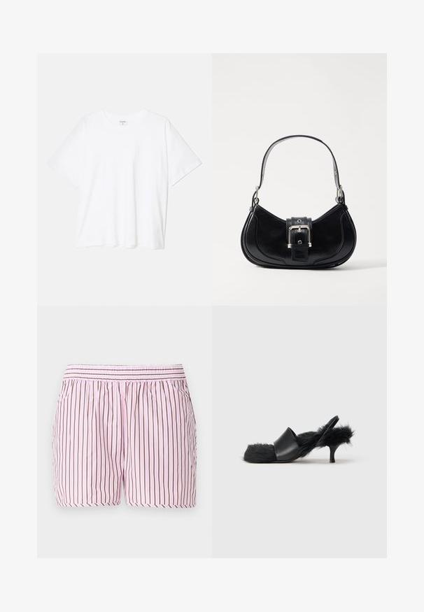 T-shirt de algodão branco com mangas curtas, decote redondo, corte descontraído e bainha cosida. Etiqueta visível no interior do pescoço.; Calções de dormir em algodão com riscas verticais cor-de-rosa e castanhas, cintura elástica com franzido e um corte solto para conforto.; Sandalinha de salto kitten preta com pelúcia coberta na palmilha, tira do calcanhar e na área dos dedos, apresentando uma tira frontal de couro liso.; Bolsa de mão preta em couro com um design curvo, apresentando um detalhe de fivela central e uma alça curta e lisa. Detalhes texturizados realçam a sua aparência.