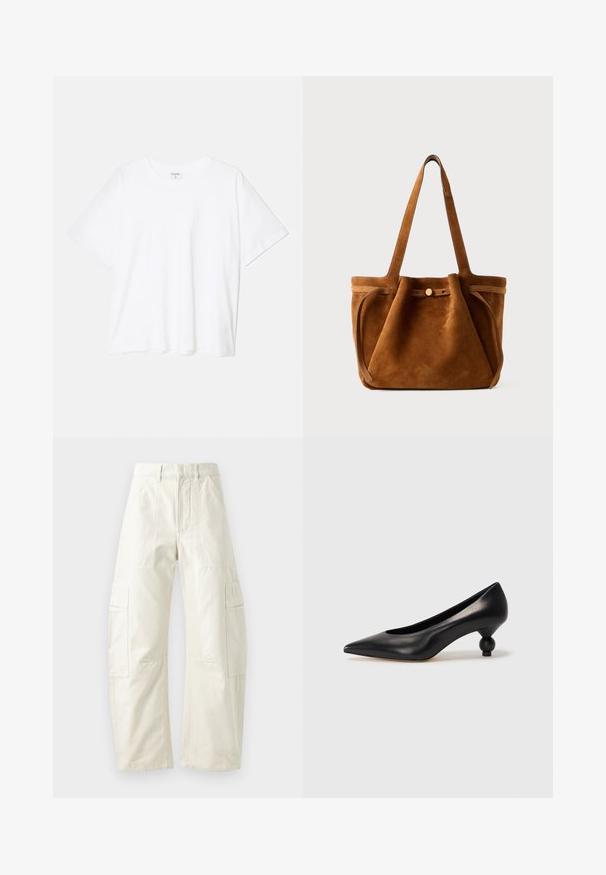 Bílý bavlněný tričko s krátkým rukávem, kulatým výstřihem, volným střihem a šitým lemem. Nálepka viditelná na vnitřní straně výstřihu.; Béžové cargo kalhoty volného střihu, s několika náprsními kapsami, na zip a s texturovaným povrchem. Vyrobeno z odolného bavlněného materiálu.; Černá kožená vysoká bota na podpatku s špičatou špičkou a kulatým, zaobleným podpatkem. Hladká textura s elegantním, minimalistickým designem.; Hnědá semišová taška s dvojitými uchy, páskem na knoflíkovém uzávěru a uvolněným, mírně pokleslým tvarem.