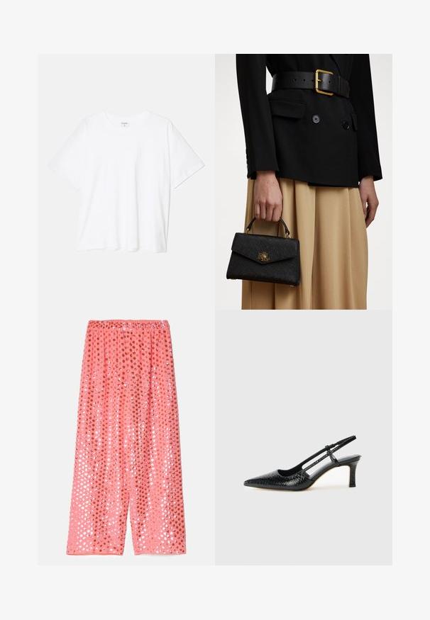 Balta kokvilnas T-krekls ar īsām piedurknēm, apaļu dekoltē, brīva piegriezuma un šūtu apakšmalu. Etiķete redzama iekšējā kakla daļā.; Rozā, platās kājas bikses, kas izgatavotas no viegla auduma, piedāvā mirdzošus spīguļus rozā un vara rakstos, ar elastīgu jostasvietu.; Melna patent āda ar slīdošo papēdi un smailo purngalu, ar teksturētu čūsku drukājumu, regulējamu siksniņu un īsu teksturētu blokpapēdi.; Melnā struktūrētā somiņa ar teksturētu virsmu, zelta aksesuāriem un augšējo rokturi. Valkāta ar melnu žaketi un bēša svārkiem.