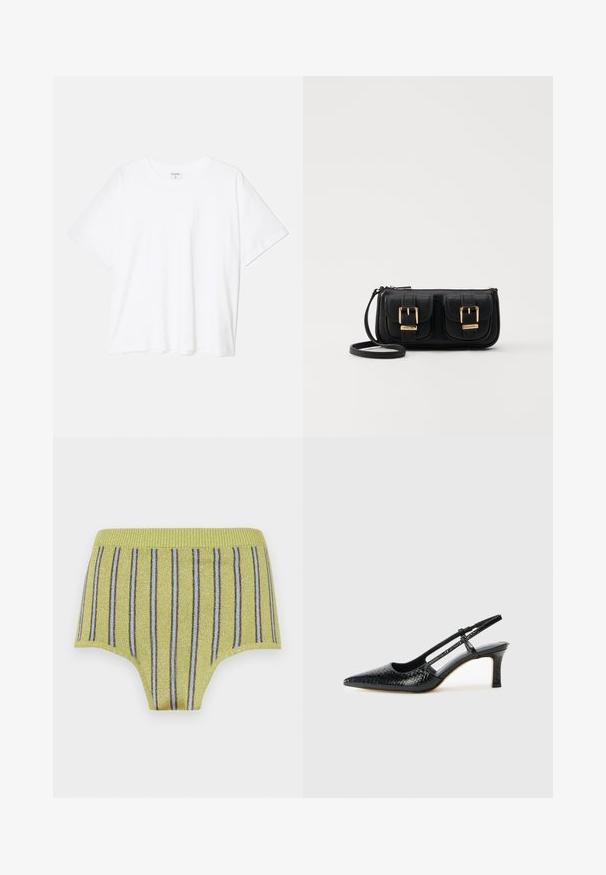 Hvit bomulls t-skjorte med korte ermer, rund hals, avslappet passform og sydd kant. Merke synlig på innsiden av halsen.; Gule ribbede truser med glitrende gulltråder og vertikale blå og brune striper. Har en bred elastisk linning og en jevn tekstur.; Sorte patent slingback hæl med spids tå, featuring tekstureret slangeskind, justerbar rem og en kort, tekstureret blokhæl.; Svart skinn crossbody veske med to frontlommer, gyldne spenner, glidelåslukking og en slank stropp. Teksturert overflate og kompakt rektangulær form.