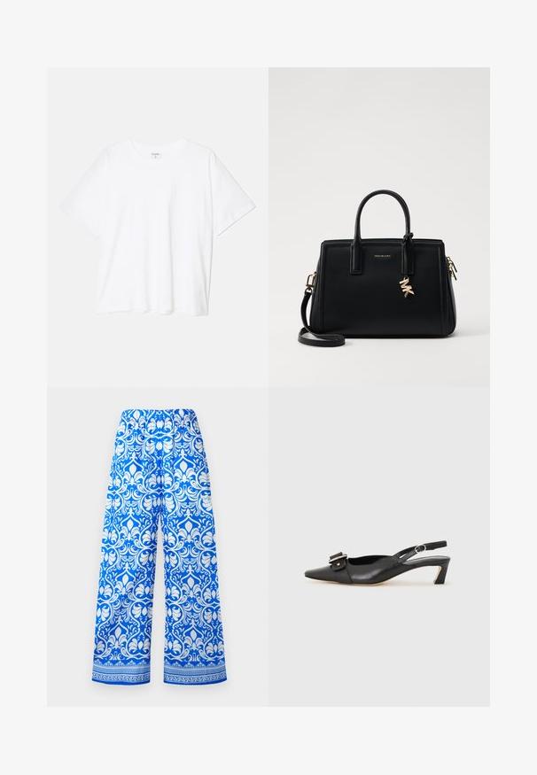Biely bavlnený tričko s krátkymi rukávmi, okrúhlym výstrihom, voľným strihom a prešitým lemom. Štítok viditeľný na vnútornom krku.; Modré a biele široké nohavice s elastickým pásom a zložitým kvetinovým damaskovým vzorom, zdobené dekoratívnym okrajom pri leme.; Čierne kožené sandále s úzkym prstom, malým opätkom a dekoratívnou sponou na vrchnej časti. Hladká textúra, minimalistický dizajn.; Čierna kožená kabelka so štruktúrovaným dizajnom, dvojitými hornými uchami, odnímateľným ramenným popruhom, zlatými kovovými detailmi a akcentom logového prívesku.