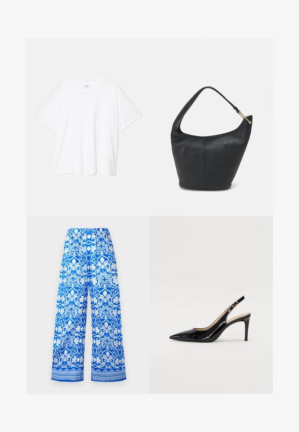 Biely bavlnený tričko s krátkymi rukávmi, okrúhlym výstrihom, voľným strihom a prešitým lemom. Štítok viditeľný na vnútornom krku.; Modré a biele široké nohavice s elastickým pásom a zložitým kvetinovým damaskovým vzorom, zdobené dekoratívnym okrajom pri leme.; Čierne lakované kožené slingback lodičky s špicatou špičkou, štíhlým podpätkom a jemným výrezom. Obsahuje zlatú pracku na remienku.; Čierna kožená kabelka zaobleného tvaru, so širokým popruhom a textúrovaným povrchom. Obsahuje jemný šev a zlaté kovanie.