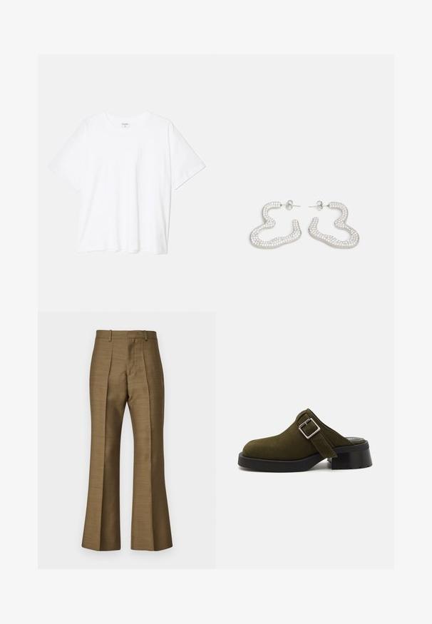 Balta kokvilnas T-krekls ar īsām piedurknēm, apaļu dekoltē, brīva piegriezuma un šūtu apakšmalu. Etiķete redzama iekšējā kakla daļā.; Brūni plati bikses, izgatavotas no gluda auduma, ar priekšējiem krokām, pielāgotu jostas daļu un vieglu spīdumu. Nav redzamu elementu vai rakstu.; Olive krāsas zamšs mūlis ar zemu, masīvu melnu papēdi. Iekšējā sānu siksna ar sudraba sprādzi regulēšanai. Kopumā gluda tekstūra.; Sudraba tonī izgatavoti auskari ar viļņveidīgu, abstraktu dizainu, rotāti ar mazām, spīdīgām kristāla pērlītēm. Droša kniedes aizmugurējā aizdare.