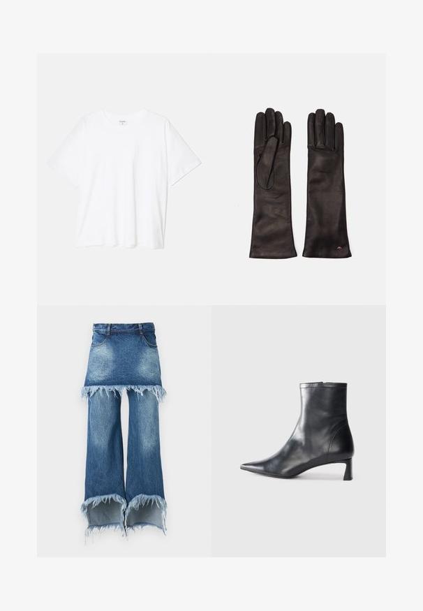 Camiseta de algodón blanca con mangas cortas, escote redondo, corte relajado y dobladillo cosido. Etiqueta visible en el interior del cuello.; Híbrido entre falda y pantalón de mezclilla, en tonos de azul claro a oscuro, con dobladillo sin terminar y bordes deshilachados, cinco bolsillos, cinturilla estándar, silueta de pierna ancha.; Botín de cuero negro hasta el tobillo con punta afilada y un diseño elegante. Presenta un tacón bajo y un cierre con cremallera en la parte trasera. Textura suave.; Weekend Max Mara SENAPE - Guantes - nero