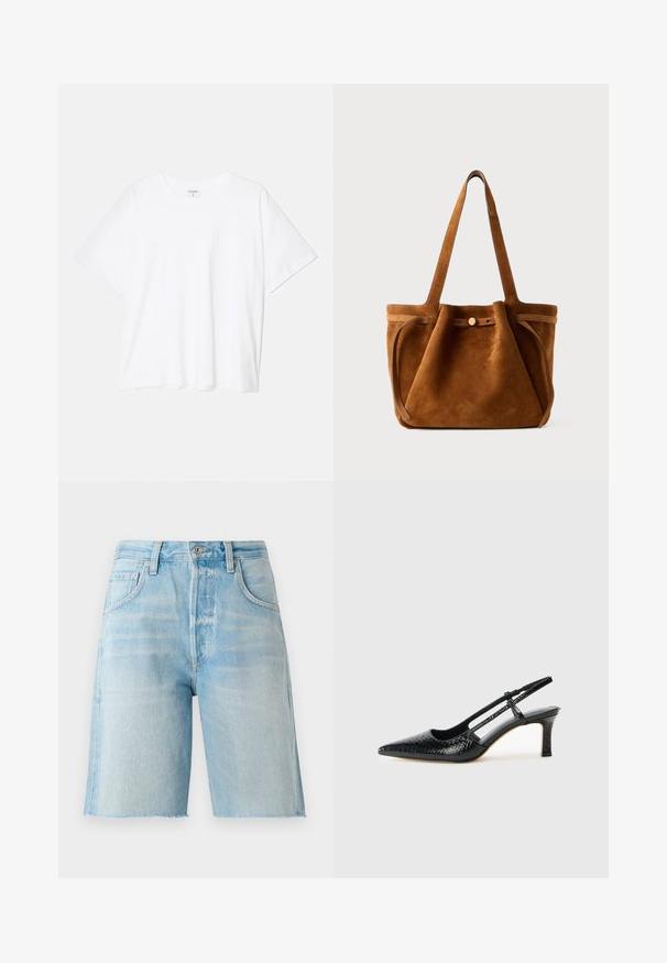 T-shirt de algodão branco com mangas curtas, decote redondo, corte descontraído e bainha cosida. Etiqueta visível no interior do pescoço.; Shorts de ganga azul claro com cintura alta, cinco bolsos e bainha crua. Textura suave e corte clássico, adequados para uso casual.; Salto slingback em patente preta com bico apontado, apresentando um padrão de pele de cobra texturizado, tira ajustável e um salto bloco curto e texturizado.; Bolsa tote de camurça castanha com alças duplas, uma tira de fecho em botão e uma forma descontraída, ligeiramente mole.