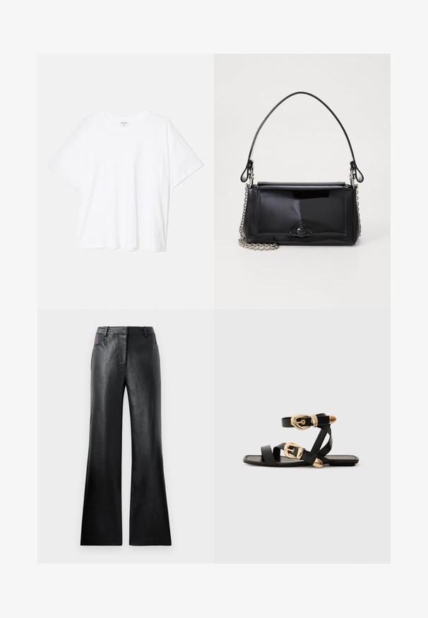 Balta kokvilnas T-krekls ar īsām piedurknēm, apaļu dekoltē, brīva piegriezuma un šūtu apakšmalu. Etiķete redzama iekšējā kakla daļā.; Melnas ādas zvīņveida bikses ar gludu tekstūru, ar diviem priekšējiem kabatām un melniem un brūniem akcentiem apvidū.; Melni ādas sandales ar zelta sprādzēm, ar vairākām siksnām un plakanu zoli, piemērotas valkāšanai ar atvērtu purngala.; Melnas lakotas ādas rokassomi ar taisnstūra formu, ķēdes siksnu un izteiksmīgu metāla aksesuāru centrā. Gluda tekstūra.