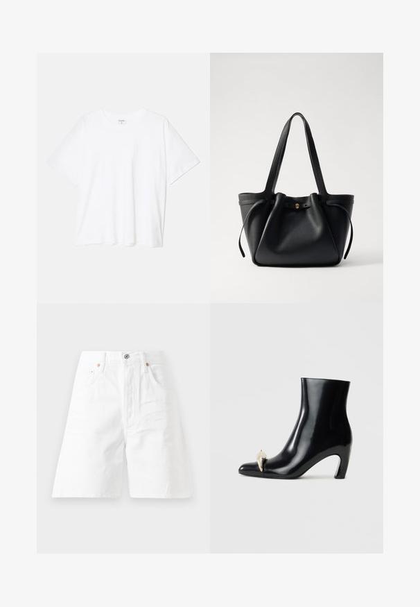 Valkoinen puuvillapaita lyhyillä hihoilla, pyöreällä pääntiellä, rentoa tyyliä ja ommeltu helma. Tunniste näkyvissä sisäkauluksessa.; Valkoiset farkkushortsit korkealla vyötäröllä, viisi taskua ja vetoketjusuljenta. Varustettu kuparinvärisillä yksityiskohdilla ja rentolla istuvuudella.; Mustat nilkkurit, jotka on valmistettu kiiltävästä nahasta, ja joissa on terävä kärki sekä koristeellinen kultainen ja hopeinen aksentti edessä. Laiton korko.; Mustan nahkatote-bag, jossa on kaksi pitkää kantohihnaa, nyöri ylhäällä ja kultainen pyöreä koriste. Silkkinen pinta ja minimalistinen muotoilu.