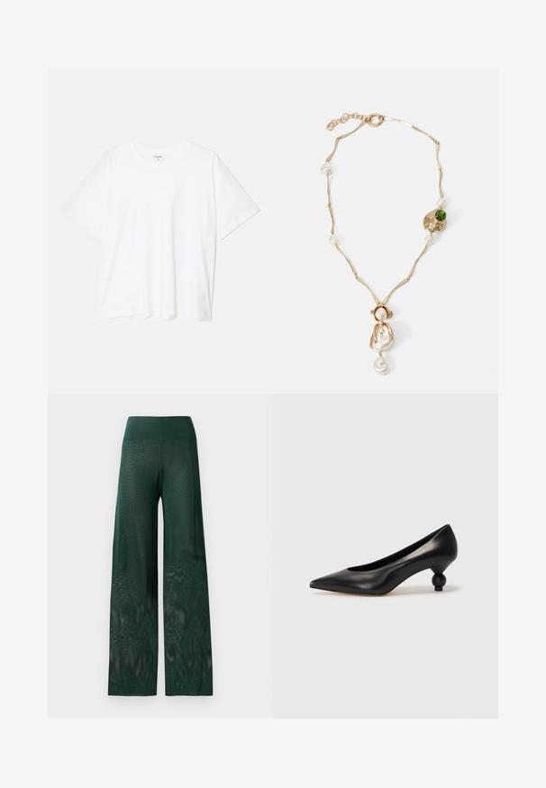 T-shirt bianco in cotone con maniche corte, scollo rotondo, vestibilità comoda e orlo cucito. Etichetta visibile all'interno del colletto.; Pantaloni larghi verdi in rete leggera con motivo zigzag all'orlo. Presentano una vita liscia per il massimo comfort.; Scarpa con tacco alto in pelle nera, con punta affilata e tacco arrotondato e bombato. Texture liscia con un design elegante e minimalista.; Collana dorata con maglie attorcigliate, perle bianche e un accento di pietra verde. Presenta dettagli intricati e una chiusura per l'aggancio.