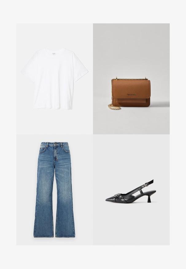 Valge puuvillane T-särk lühikeste varrukatega, ümmargune kaelus, mugav lõige ja õmmeldud serv. Silt nähtav kaela seest.; Heledad sinine denim, mille kõrge vöökoht, laiad flared säärtega ja klassikaline viie taskuga disain. Kergelt pleekinud tekstuur koos nähtavate õmbluste detailidega.; Must must have must toote tõmblukuga, dekoratiivsed rihmad metallist silmadega ja madal blokk-kand. Tekstureeritud pind.; Pruun tekstureeritud nahk ristkeha kott kuldse ahelaga rihmaga ja klapiga sulgemine. Esiküljel on logo detail ja tasku klapi all.