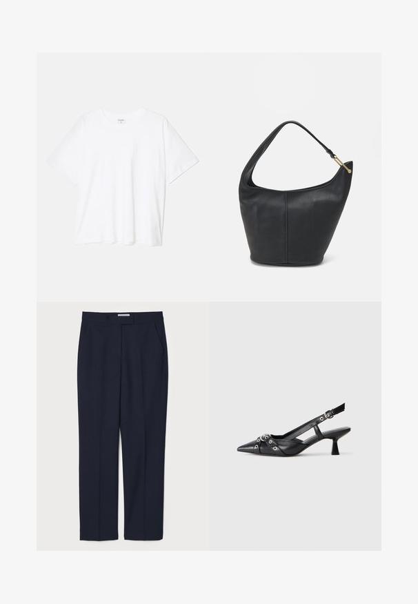 Tricou alb din bumbac, cu mâneci scurte, guler rotund, croi lejer și tiv cusut. Eticheta este vizibilă pe interiorul gulerului.; Pantaloni personalizați de culoare bleu marin, confecționați dintr-un material neted, cu față plată, buzunare laterale și un talie structurată.; Pantofii slingback din piele neagră, cu vârful ascuțit, curele decorative cu ochiuri din metal și toc bloc mic. Suprafață texturată.; Geantă din piele neagră, cu o formă rotunjită, curea lată și un finisaj texturat. Are detalii subtile de cusătură și un accent din metal de culoare aurie.
